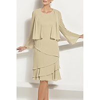 Two Piece Sheath / Column Mother of the Bride Dress Wrap Included Jewel Neck Knee Length Chiffon Long Sleeve with Cascading Ruffles 2021 miniinthebox