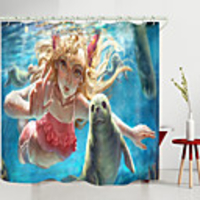 Underwater Girl Seal Digital Printing Shower Curtain Shower Curtains Hooks Modern Polyester New Design