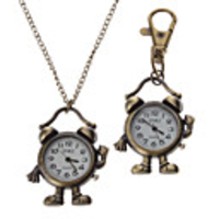 Unisex Alarm Clock Style Alloy Analog Quartz Keychain Necklace Watch (Bronze)