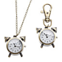 Unisex Alarm Clock Style Alloy Analog Quartz Keychain Necklace Watch (Bronze)
