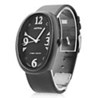 Unisex Leather Analog Quartz Wrist Watch with Elliptical Case (Black)