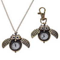 Unisex Many Feathers Owl Style Alloy Analog Quartz Keychain Necklace Watch (Bronze)