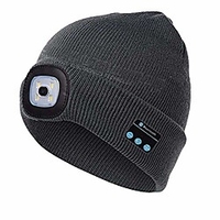 unisex warm beanie hat led flashlight wireless bluetooth smart cap headset headphone speaker mic for hunting,  camping,  jogging and more (grey)