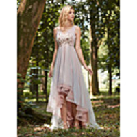 V Neck Asymmetrical Tulle Bridesmaid Dress with Appliques