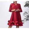 v-neck long-sleeved wine red high-waisted large size ruffled loose casual large swing dress women