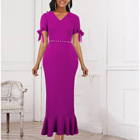 v-neck short sleeves high waist bag hip slim stitching beaded fishtail skirt plus size women