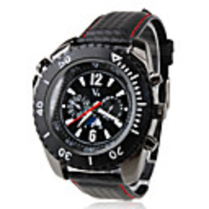 V6 Fashionable Black Case White Scale PU Quartz Watch For Men