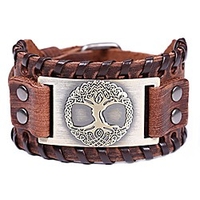 viking bracelet for men - tree of life yggdrasil talisman - nordic brown wide leather wristband - viking jewelry men