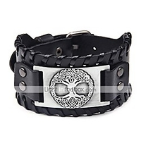 viking leather cuff bracelet - life tree wolf wristband vintage nordic scandinavian talisman bracelet for celtic pagan (2577 silver)