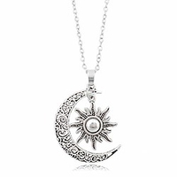 vintage bronze crescent moon and sun pendant necklace retro swirl filigree unisex jewelry gifts (silver)