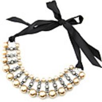 Vintage Diamond Pearl Black Silk Ribbon Alloy Necklace