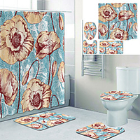 Vintage Flowers Printed Bathtub Curtain Liner Covered With Waterproof Fabric Shower Curtain For Bathroom Home Decoration With Hook Floor Mat And Four-piece Toilet Mat