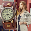 vintage leather strap wide band wristwatch cuff quartz watch for men - brown