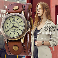 vintage leather strap wide band wristwatch cuff quartz watch for men - brown