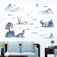 Wall Sticker Ink Mountain Wolf Deer Bird Study Bedroom Office Background Decoration Wall Pastering Can Remove Silhouette Pastering miniinthebox