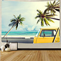 Wall Tapestry Art Deco Blanket Curtain Picnic Table Cloth Hanging Home Bedroom Living Room Dormitory Decoration Polyester Fiber Beach Series Blue Sky Coconut Tree White Cloud Yellow Car
