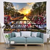 Wall Tapestry Art Deco Blanket Curtain Picnic Table Cloth Hanging Home Bedroom Living Room Dormitory Decoration Polyester Fiber Landscape River Bridge Bicycle Sunset White Clouds