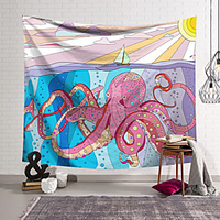 Wall Tapestry Art Decor Blanket Curtain Hanging Home Bedroom Living Room Decoration Polyester Fiber Animal Painted Giant Octopus Small Sailboat Lanting Design