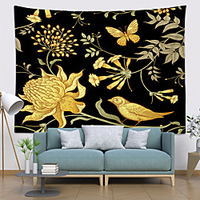 Wall Tapestry Art Decor Blanket Curtain Hanging Home Bedroom Living Room Decoration Polyester Golden Flower Golden Bird Butterfly