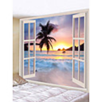 Wall Tapestry Art Decor Blanket Curtain Picnic Tablecloth Hanging Home Bedroom Living Room Dorm Decoration Landscape Window Sea Ocean Beach Coconut Tree Rosy Cloud Sunset Sunrise