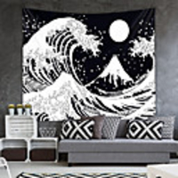 Wall Tapestry Art Decor Blanket Curtain Picnic Tablecloth Hanging Home Bedroom Living Room Dorm Decoration Polyester Black And White Moon Wave Pattern