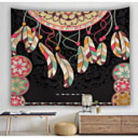Wall Tapestry Art Decor Blanket Curtain Picnic Tablecloth Hanging Home Bedroom Living Room Dorm Decoration Polyester Colorful Feather Small Circle Decoration On Black Background