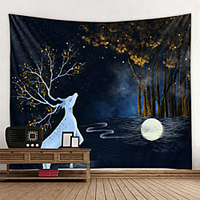 Wall Tapestry Wall Hanging Art Deco Blanket Curtain Hanging at Home Bedroom Living Room Decoration Forest Deer Full Moon miniinthebox