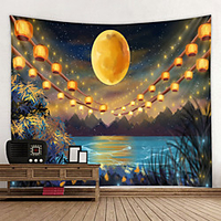 Wall Tapestry Wall Hanging Art Deco Blanket Curtains Hanging in the Home Bedroom Living Room Decoration Lanterns on the Moon Lake Under the Night Sky miniinthebox