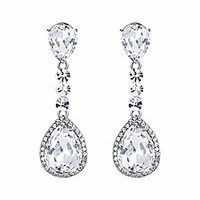 wedding bridal clip-on earrings for women crystal teardrop infinity figure 8 chandelier dangle earrings black silver-tone