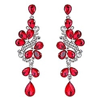 wedding bridal dangle earrings for women victorian style crystal cluster teardrop leaves dangle earrings ruby color silver-tone