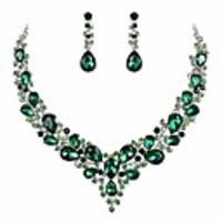 wedding bridal necklace earrings jewelry set for women austrian crystal teardrop cluster statement necklace dangle earrings set emerald color silver-tone