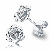 white gold plated sterling silver rose flower earring studs,  hypoallergenic amp; nickel free earrings for women