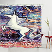 White Horse Oil Painting Digital Printing Shower Curtain Shower Curtains Hooks Modern Polyester New Design