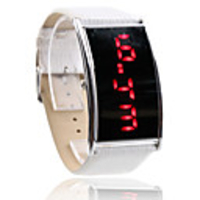 White PU Leather Band Elagant Women Silvery Frame Red LED Wrist Watch