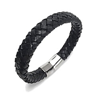 wide braided black leather bracelet mens womens stainless steel magnetic clasp (8.5 inch)