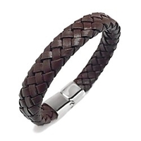 wide braided brown leather bracelet mens womens stainless steel magnetic clasp (9.5 inch)