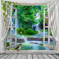 Window Landscape Wall Tapestry Art Decor Blanket Curtain Hanging Home Bedroom Living Room Decoration Waterfall Bird Crane miniinthebox
