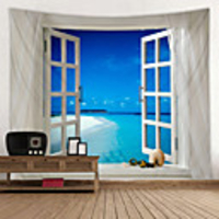 Window Landscape Wall Tapestry Art Decor Blanket Curtain Picnic Tablecloth Hanging Home Bedroom Living Room Dorm Decoration Polyester Sea Ocean Beach