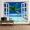 Window Landscape Wall Tapestry Art Decor Blanket Curtain Picnic Tablecloth Hanging Home Bedroom Living Room Dorm Decoration Polyester Sea Ocean Beach Palm