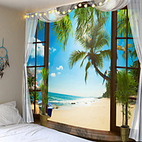 Window Landscape Wall Tapestry Art Decor Blanket Curtain Picnic Tablecloth Hanging Home Bedroom Living Room Dorm Decoration Polyester Sea Ocean Beach Palm miniinthebox