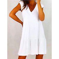 wish aliexpress 2021 summer cross-border new large size casual v-neck short-sleeved stitching white cotton and linen dress miniinthebox