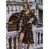 wish cross-border new european and american skirt v-neck bubble long-sleeved high-waist strap lotus leaf swing slim slimming dress miniinthebox