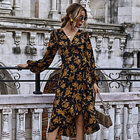wish cross-border new european and american skirt v-neck bubble long-sleeved high-waist strap lotus leaf swing slim slimming dress miniinthebox