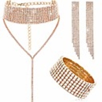 women crystal jewelry set bridal wedding rhinestone choker bracelet dangle earrings (gold)