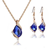 women crystal pendant gold plated chain necklace earring jewelry set (blue)