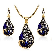 women gift vintage gold plated blue peacock jewelry pendant necklace earrings (blue)