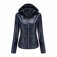 women hooded plush zipper leather Faux Leather Jacket warm velvet detachable coats tops dark blue miniinthebox
