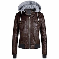 women removable hooded faux leather jackets,  zipper caps motorcycle short pu jackets moto biker outwear coat coffee miniinthebox
