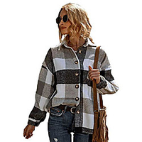 Womens Classic Plaid Long Sleeve Lapel Button Wool Blend Short Coat Shacket(Grey-M) miniinthebox