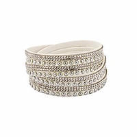 wrap leather bracelet with bling bling crystal rhinestones and snap buttons (white)